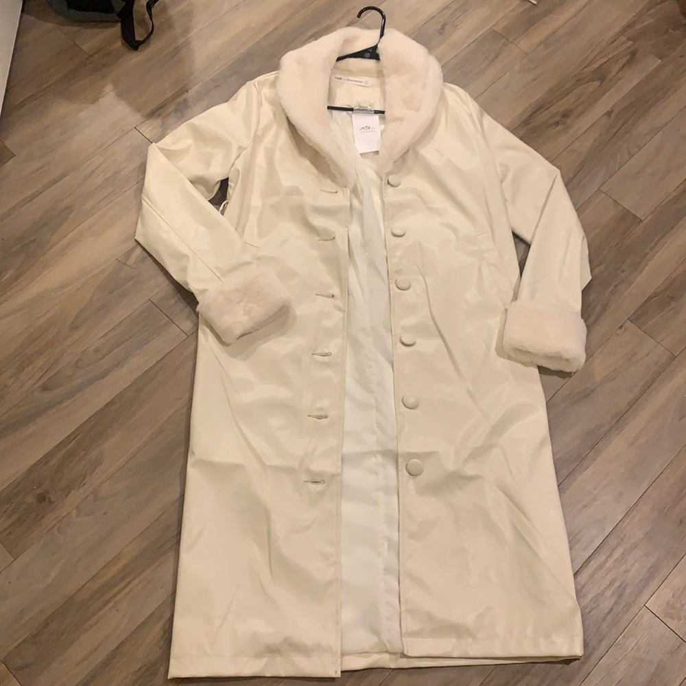 12th tribe cream faux leather trench coat with fur detail